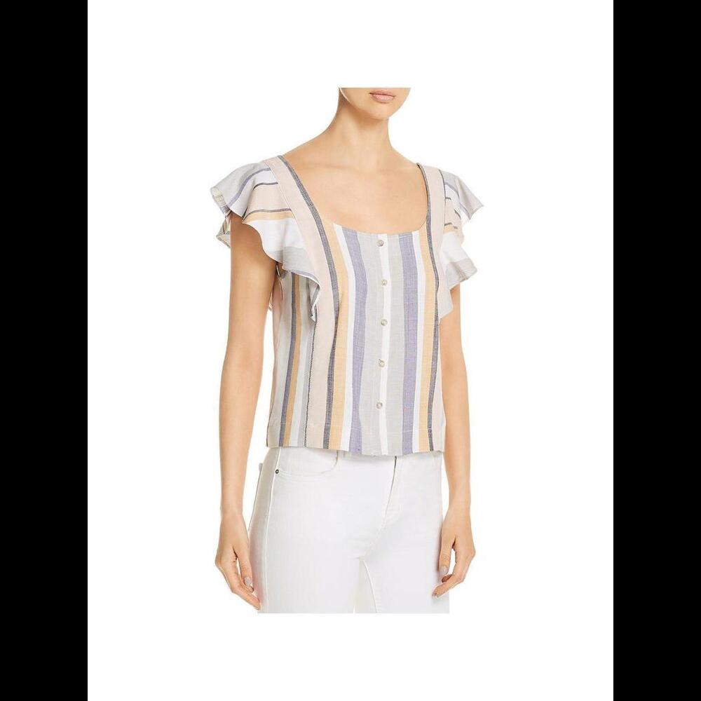 S Women's Three Dots Flutter Sleeve Cropped Striped Shirt - Pink Blue Cream Grey - Picture 5 of 6